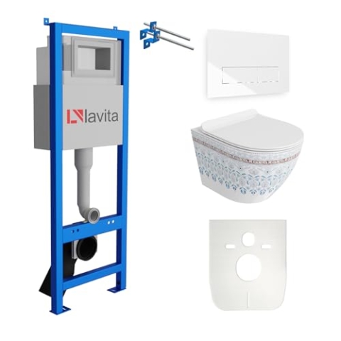 Lavita LAV 101 Vorwandelement für WC 40cm + Wand Hänge Tiefspül WC SOFI SLIM FOLKLOR Spülrandlos + Bedienplatte LAV 200.3.1 Weiß | Komplettset | Unterputz Spülkasten | Toilette Komplett Sett