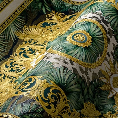 VERSACE WALLPAPER Dschungel Tapete Luxus 387034 Grün Gold Weiß Palmenblätter Designer Logo 10,05x0,70m Made in Germany