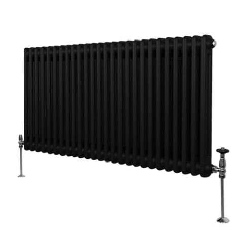 Traditioneller 2-Spalten-Heizkörper 600 x 1192mm | Horizontaler Wandheizkörper | Matt Schwarz Kohlenstoffstahl | Wohn- Badezimmer Küche [Inkl. Reinigungsbürste, Befestigungsset & Halterungen]