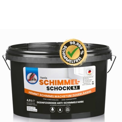Tonis SCHIMMELSCHOCK 5.0 Antimikrobielle Spezialfarbe zur Schimmelbekämpfung | 4,5 Liter Wandfarbe für ca. 18 qm, langfristiger Schimmel-Stop mit Sofortwirkung [Weiss, abtönbar]