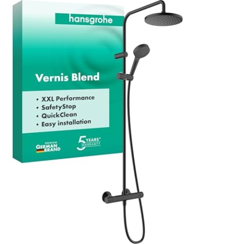 hansgrohe Vernis Blend - Duschsystem mit Thermostat, Regendusche (205 mm) mit Armatur, Handbrause (2 Strahlarten), Schlauch, Brausestange und runder Kopfbrause (1 Strahlart), Mattschwarz, 26276670