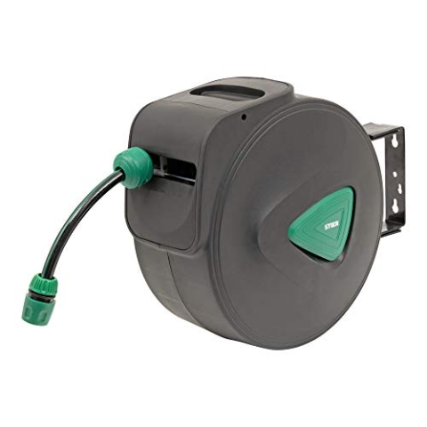 STIER Garten Schlauchtrommel SGS-200 20+2 m mit Sprühpistole automatisch schwenkbar, Gartenschlauch, Automatik-Aufwicklung, für Wandmontage, Trommelrolle Schlauch