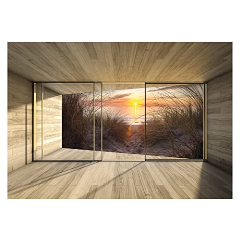 Vlies Fototapete 3D Effekt Fenster Strand Meer Ostsee Natur Dünen Sonnenuntergang Wohnzimmer Schlafzimmer Modern Motivtapeten Wandtapete Tapete Vliestapete Montagefertig (416x254 cm - 4 Bahnen)