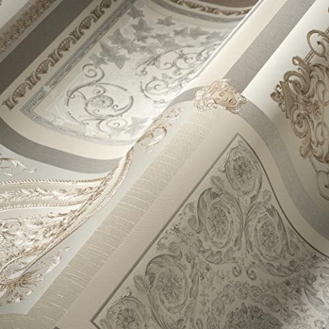 VERSACE WALLPAPER Barock Luxus Tapete Floral 387042 Grau Beige Silber Weiß Logo Medusa 10,05x0,70m Made in Germany