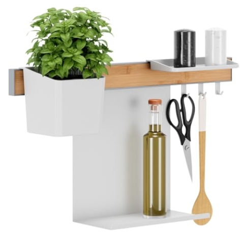 tesa Küchen-Organizer Kombi-Set S - selbstklebende Küchenleiste mit Kräutertopf, 2 Ablagen, Hakenleiste inkl. 3 Haken - Montage ohne Bohren - Bambus/Weiß