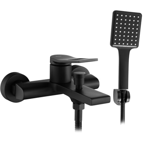 Rea SOUL BLACK Badewannenarmatur Wasserhahn Badewanne Einhebel Wannenarmatur mit Handbrause Badarmatur aus Messing Mischbatterie (schwarz)
