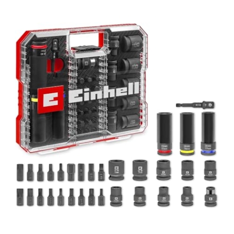 Original Einhell Impact Stecknuss-Set 32-tlg. (18x 30-mm-Kraftbits, 9x 40-mm-Stecknüsse, 3x 80-mm-Stecknüsse, S2- und CrMo-Stahl, Kunststoffhülse, KFZ-Bereich)