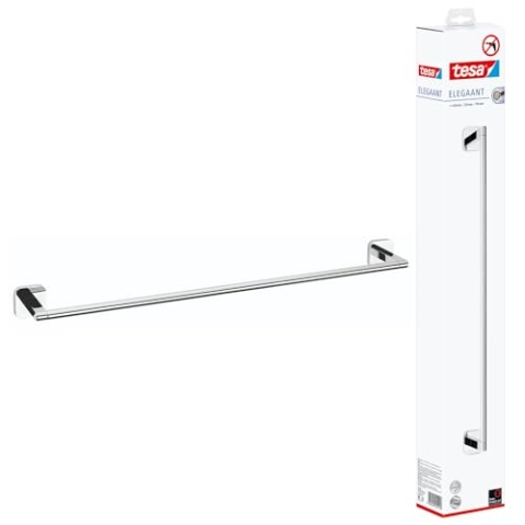 tesa ELEGAANT Handtuchstange, verchromt - Badetuchhalter zur Wandbefestigung ohne Bohren, inkl. Klebelösung -630mm x 50mm x 85mm