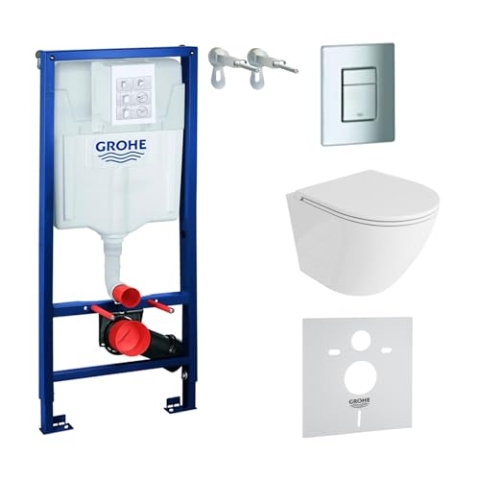 LAVITA Vorwandelement Solido + Wand Hänge WC Sofi One Weiß Spülrandlos + + WC Sitz mit Absenkautomatik Verchromter Knopf Komplettset Unterputz Spülkasten Toilette Komplett Sett WC