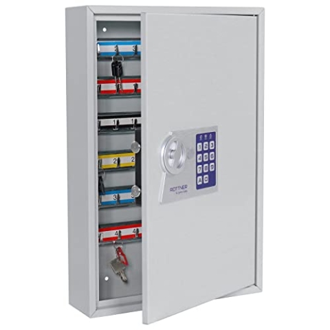 Rottner Schlüsselschrank S 100, Elektronikschloss, Notöffnung möglich, Lichtgrau, BxH 38x55 cm, 100 Schlüsselanhänger gratis, Schlüsselregister, Hakenleiste verstellbar, inkl. Befestigungsmaterial
