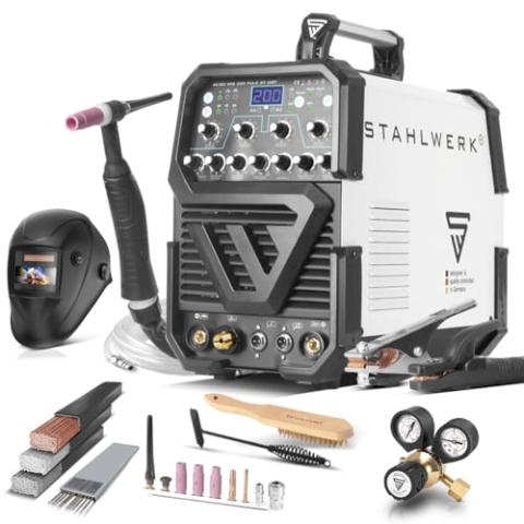 STAHLWERK Schweißgerät Vollausstattung AC/DC WIG 200 Puls ST - WIG MMA, mit 200A, HF-Zündung, Pulsfunktion, ideal für Aluminium & Dünnblech, inkl. WP-26F Flexkopf-Brenner, leichte, kompakte Bauweise