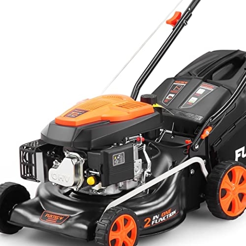 FUXTEC 2in1 Benzin Rasenmäher FX-RM4346ECO, leichtgewichtiger Gartenmäher für kleine Flächen, 42 cm Schnittbreite, starker 4-Takt-Motor, Heckauswurf, kugelgelagerte Big Wheel Räder, 40L Grasfangkorb