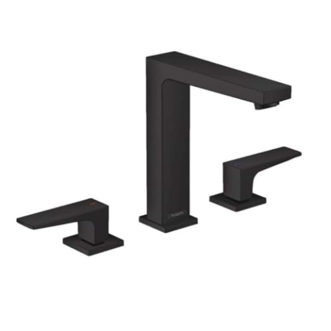 hansgrohe Wasserhahn Metropol wassersparende 3-Loch Armatur mit Komfort-Höhe 160mm und Push-Open Ablaufgarnitur, Mattschwarz
