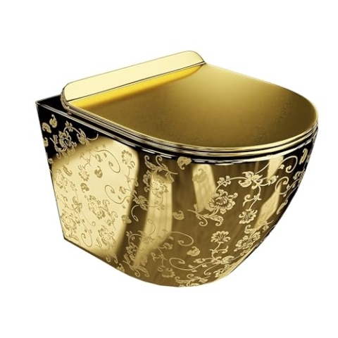 LAVITA Wand-WC Hänge Toilette mit WC-Sitz Toilettendeckel mit Absenkautomatik & Metallscharniere Spülrandlos Hängend Toilettenbecken Sofi Slim Golden Eye 365x490x395 mm Gold