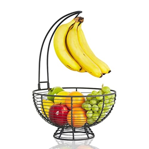 Regal Trunk & Co. Großer Obstkorb mit Bananenaufhänger l Rustikale französische Bauernhaus-Obstschale mit Bananenhalterbaum l Abnehmbarer Bananenhalter Obstkorb l Ideal für Obst und Gemüse
