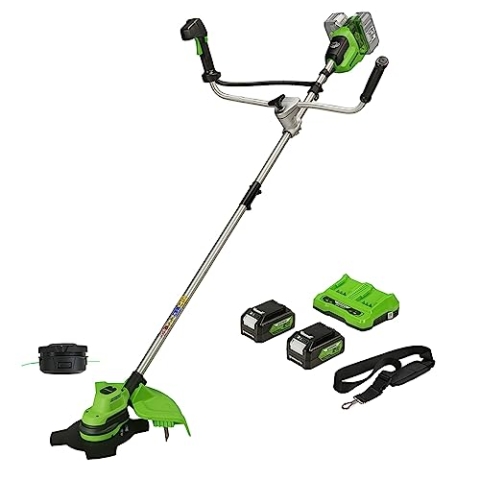 Greenworks 48V (2x24V) Akku Freischneider mit bürstenlosem Motor, Geschirr, Motorradgriff, 38 cm Schnittbreite, 2 mm Nylonfäden, 25 cm Klinge, 2 x 24V 4Ah Akkus und Ladegerät GD24X2BCBK4x