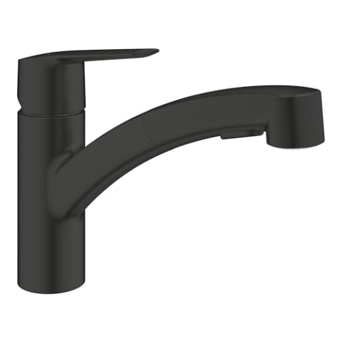 GROHE Start, Küchenarmatur 2 Strahlarten (Wasserhahn Küche, ausziehbare Brause, 90° schwenkbar, wassersparend dank variabler Mengenbegrenzung, werkzeugfreie Spülbecken-Montage), schwarz, 303072431