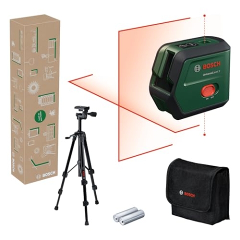 Bosch Kreuzlinienlaser UniversalLevel 2 mit Stativ (Laserkreuz inkl. integrierter Lotpunkte für präzises Ausrichten und einfache Übertragung von Referenzen, im E-Commerce Karton)