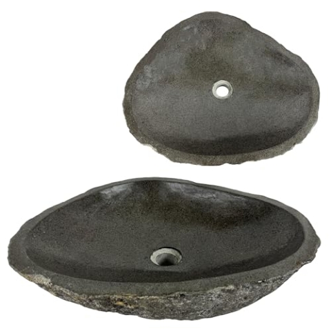 Lendo Online Waschbecken oval Flussstein - Naturstein - Waschtisch für Badezimmer - Aufsatzwaschbecken - Handwaschbecken - Grau (Grau, 46-53x34-40cm)