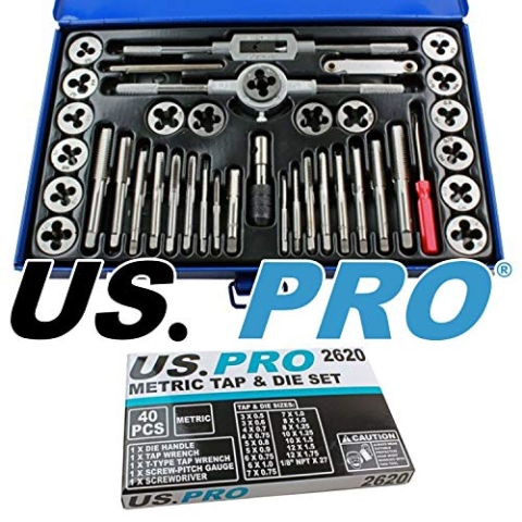 US PRO 2620 40pc Metric Tap and Alloy Steel Pitch Gauge Metrisches Gewindeschneider-Set aus legiertem Stahl, M3-M12, 40-teilig, blau