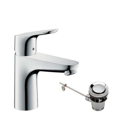 hansgrohe Waschtischarmatur Focus, Wasserhahn Bad mit Auslauf Höhe 100mm, mit Zugstange, Badarmatur wassersparend (EcoSmart), energiesparend (CoolStart), Chrom