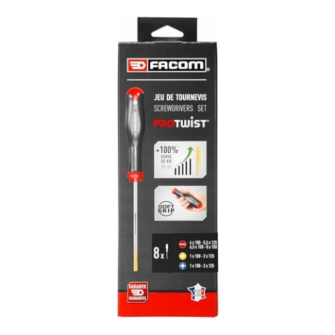 FACOM 8-tlg. PROTWIST Hochleistungs-Schraubendreher-Set AT.J8PB (wärmebehandelt, korrosionsbeständig, Soft Grip Griff mit Chemikalienbeständigkeit, mit Lasermarkierung)