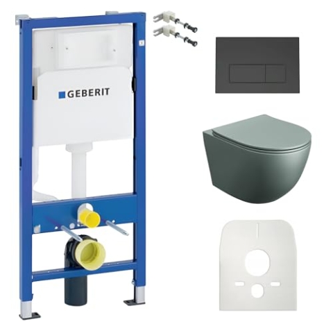 Lavita Duofix Basic Vorwandelement + Wand Tiefspül WC Sinto Grau Spülrandlos + WC Sitz + Bedienplatte Delta 25 Schwarzer Knopf Komplettset Unterputz Spülkasten Toilette Komplett Sett WC