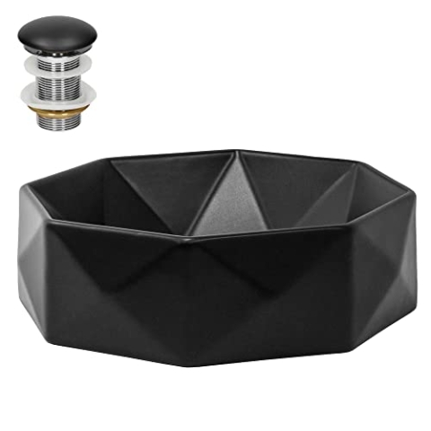 ML-Design Waschbecken aus Keramik in Schwarz matt Ø 42x13,5 cm mit Ablaufgarnitur, Diamant Design, Runde Aufsatzwaschbecken, Moderne Waschtisch, Waschschale Waschplatz Handwaschbecken, für Badezimmer