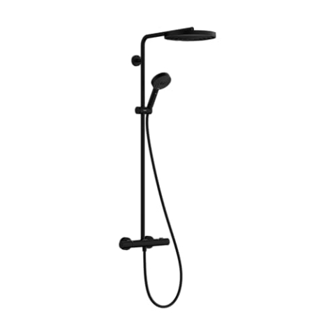 hansgrohe Pulsify S Puro - wassersparendes Duschsystem (EcoSmart) mit Thermostat, Regendusche (260 mm) mit Handbrause (3 Strahlarten), Schlauch, Stange und runder Kopfbrause, Mattschwarz, 24237670