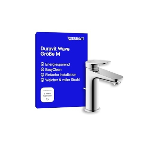 Duravit Wave Waschtischarmatur, Größe M (Auslauf Höhe 111 mm), energiesparende Waschbecken Armatur (FreshStart), Wasserhahn Bad mit Zugstangen-Ablaufgarnitur, Chrom