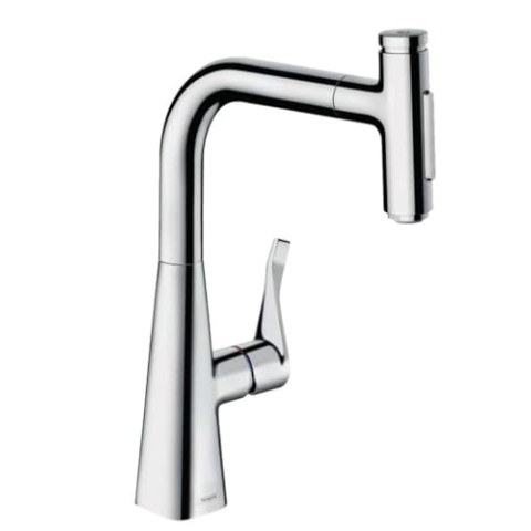 hansgrohe Küchenarmatur Metris Select mit Schlauchbox (Wasserhahn Küche 110°oder 150° schwenkbar, hoher Komfort Auslauf 240mm mit ausziehbarer Brause, 2 Strahlarten und sBox, Standardanschlüsse) Chrom