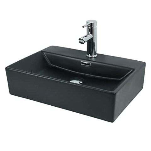 ML-Design Waschbecken zur Wandmontage oder als Aufsatzwaschbecken mit Hahnloch, 51 x 36 x 13 cm, aus Keramik, Schwarz matt, Hängewaschbecken Waschtisch Aufsatzbecken Handwaschbecken Waschschale Becken