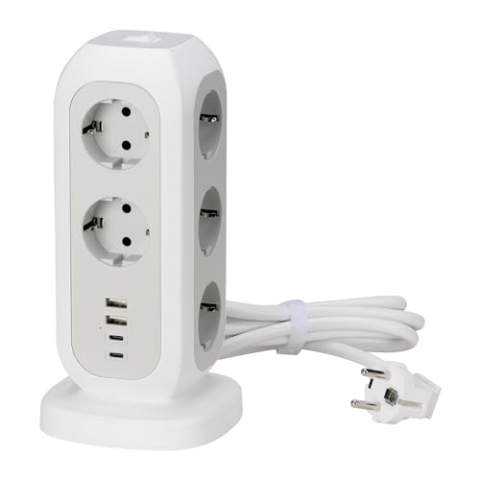 kwmobile Mehrfachsteckdose mit USB A & C Ports - Steckdosenleiste Turm - Überspannungsschutz - 15 in 1 Steckerleiste mit USB - Mehrfachstecker - 1, 9 m Kabel - Weiß
