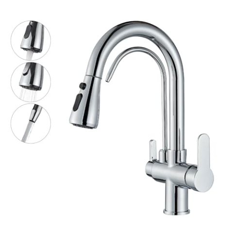 Onyzpily Küchenarmatur 360° drehbar Reines Wasser Küchenarmatur Hochdruck-Auszieharmatur mit 2 Sprühmodus – Extra langer 60cm Edelstahlschlauch für Küche/Garten (Chrom)