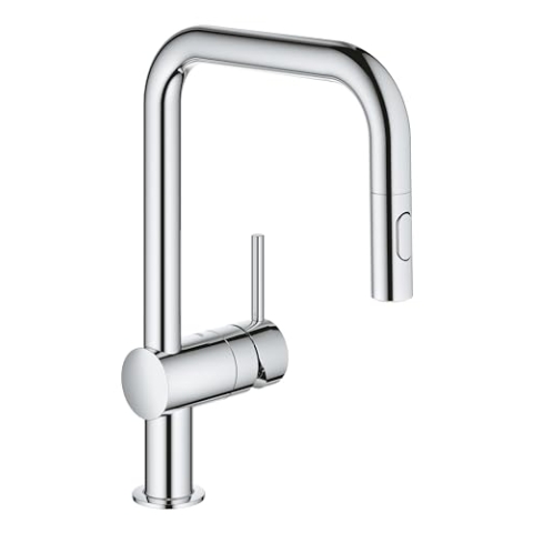 GROHE Minta, Küchenarmatur 2 Strahlarten (Wasserhahn Küche mit ausziehbarer Brause, 360° schwenkbar, wassersparend dank variabler Mengenbegrenzung, einfache Spülbecken-Montage), chrom, 32322002