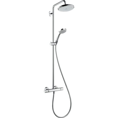 hansgrohe Croma - wassersparendes Duschsystem (EcoSmart) mit Thermostat, Regendusche (220 mm) mit Armatur, Handbrause (4 Strahlarten), Schlauch, Brausestange und runder Kopfbrause, Chrom, 27188000