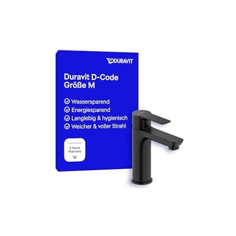 Duravit D-Code Waschtischarmatur, Größe M (Auslauf Höhe 167 mm), energiesparende Waschbecken Armatur (FreshStart), wassersparender Wasserhahn Bad (MinusFlow), Schwarz Matt