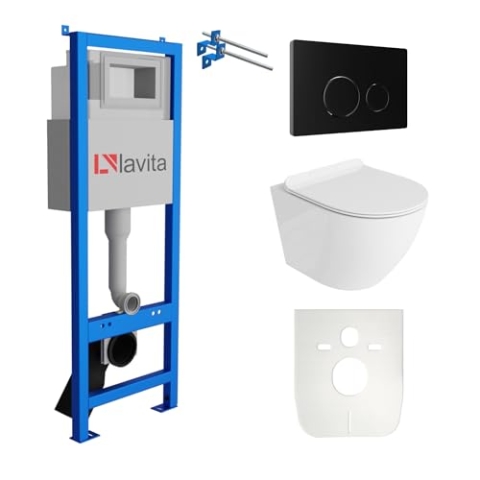 Lavita LAV 101 Vorwandelement für WC 40cm + Wand Hänge Tiefspül WC SOFI SLIM Weiß Spülrandlos + Bedienplatte LAV 200.4.4 Schwarz | Komplettset | Unterputz Spülkasten | Toilette Komplett Sett