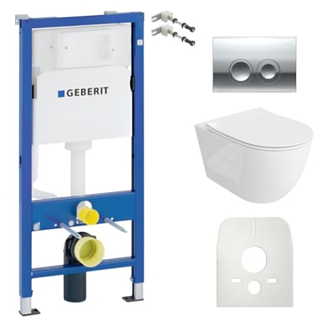 Lavita Duofix Basic Vorwandelement + Wand Tiefspül WC Sinto Grande Weiß Spülrandlos + WC Sitz + Bedienplatte Delta 25 Verchromt Knopf Komplettset Unterputz Spülkasten Toilette Komplett Sett WC