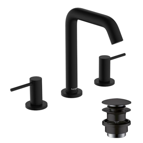hansgrohe Tecturis S - 3-Loch Waschtischarmatur mit Push-Open Ablauf, Wasserhahn Bad mit Auslauf Höhe 150mm, Mischbatterie Waschbecken wassersparend (EcoSmart+), Mattschwarz