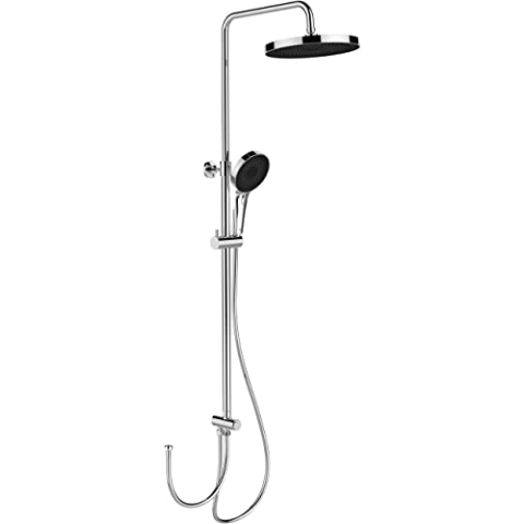 Duschsystem Softwater, Duschstange aus Edelstahl mit Regenduschkopf, Handbrause, Duschschlauch und Brausegleiter, einfacher Anschluss an bestehende Armaturen, höhenverstellbar (75-120 cm), Chrom