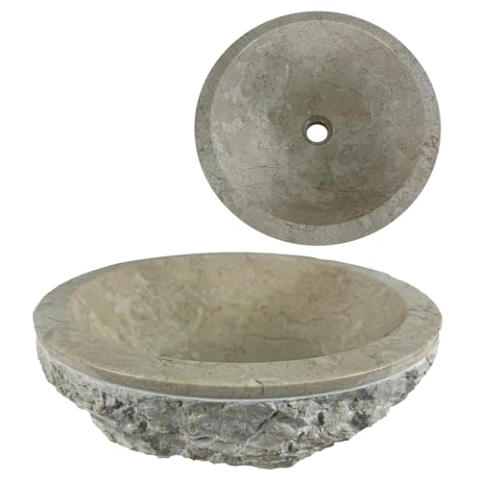 Lendo Online Waschbecken rund 40x40x15 cm Marmor - Naturstein - Flussstein - Waschtisch für Badezimmer - Aufsatzwaschbecken - Handwaschbecken (Creme)