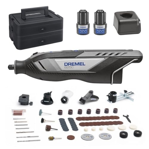 Dremel 8250 12V Akku-Rotationswerkzeug 5.000-30.000 U/min Bürstenloser Multifunktionswerkzeug set mit Dremel Box, 65 Zubehöre, 5 Auf-und Vorsätze 2 Akku+ Ladegerät zum Schleifen, Fräsen, Gravieren