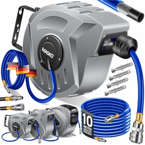 MASKO® 10m Druckluftschlauch Aufroller automatisch 1/4" Anschluss - Schlauchtrommel Wandschlauchhalter Schlauchaufroller , Druckluftschlauch-trommel Grau