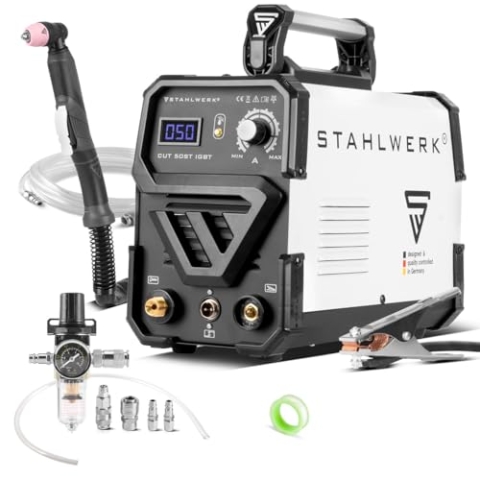 STAHLWERK Plasmaschneider CUT 50 ST IGBT - Plasmaschneidgerät mit 50 A, bis 14 mm Schneidleistung, für lackierte Bleche & Flugrost geeignet, mit HF-Zündung & Überhitzungsschutz