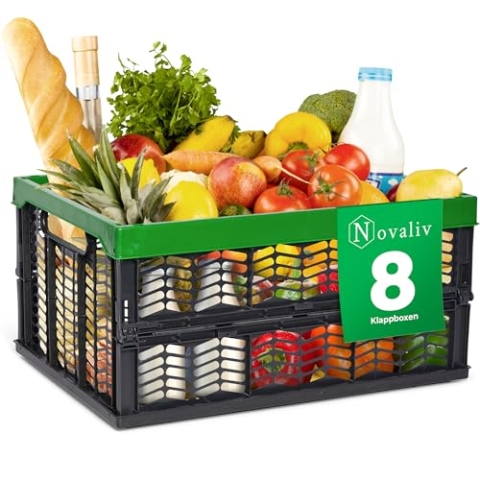 Novaliv Klappboxen faltbar stabil 8x 30L Grün Schwarz baskets Einkaufskiste Klappkisten Set Tragebox Aufbewahrung Einkaufskörbe Körbe Aufbewahrung Küche