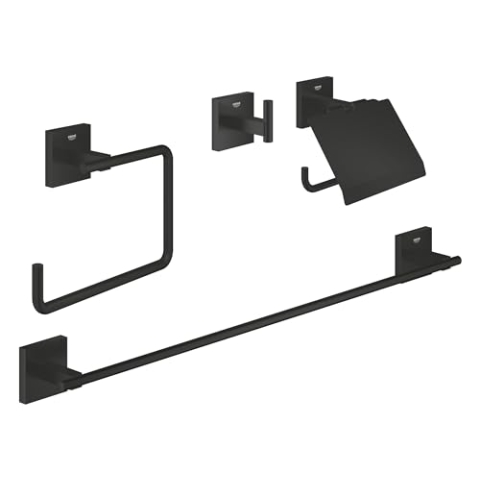 GROHE Start Cube, Bad Accessoire Set 4in1 ohne Bohren (Toilettenpapierhalter, Handtuchhalter, Haken, Badetuchhalter, Bohren oder Kleben, inkl Schrauben & Dübel, ohne Kleber), schwarz, 411152430