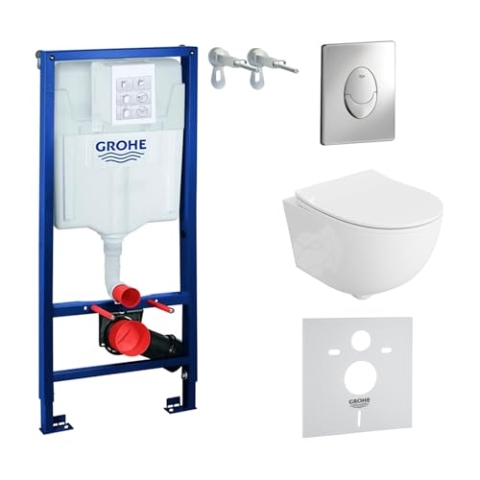 LAVITA Vorwandelement Solido Start + Wand Hänge WC Brava Weiß Spülrandlos + + WC Sitz mit Absenkautomatik Verchromter Knopf Komplettset Unterputz Spülkasten Toilette Komplett Sett WC