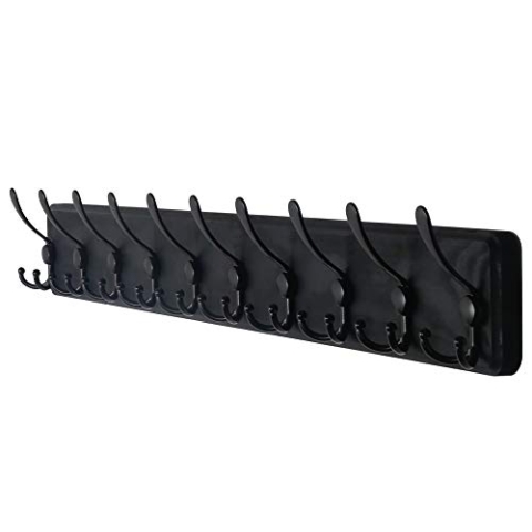 Dseap Garderobe, Garderobenleiste, 97cm Lang Robust Hakenleiste Holz mit 10 Dreifachhaken, Garderobenhaken Wand, Kleiderhaken für Mantel Kleidung Hut Jacken Schals, Schwarz