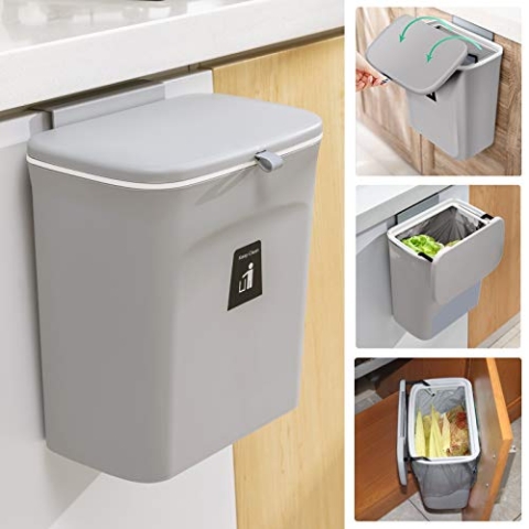 Tiyafuro 9,1 Liter. Komposteimer für die Küche oder unter der Spüle, hängender Kleiner Mülleimer mit Deckel für Schrank/Bad/Schlafzimmer/Büro/Camping, montierbarer Komposteimer für Innenbereich, Grau